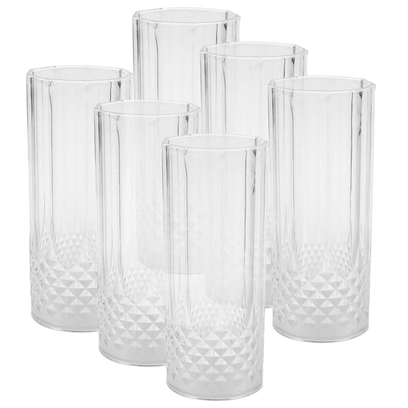 ASAB 6pk Crystal Effect Highball Glasses Tall Plastic Tumbler Set Safe Drinking Cup Wine Dining Clear Bar Table Glassware hiball