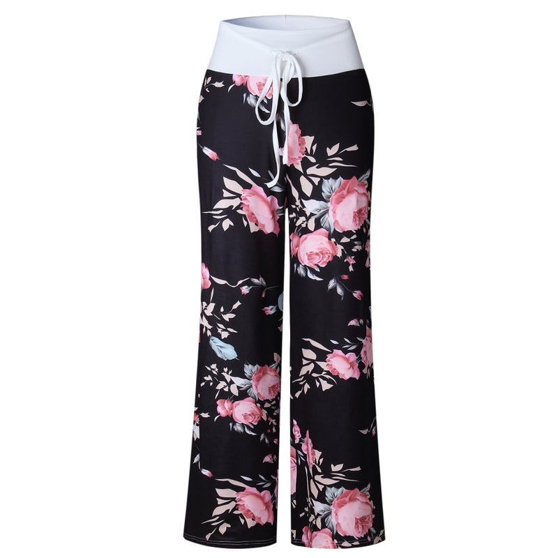 iChunhua Women's Comfy Stretch Floral Print Drawstring Palazzo Wide Leg Lounge Pants(L,Black) - Image 3