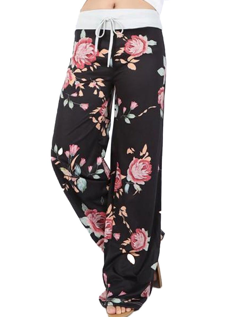 iChunhua Women's Comfy Stretch Floral Print Drawstring Palazzo Wide Leg Lounge Pants(L,Black) - Image 1