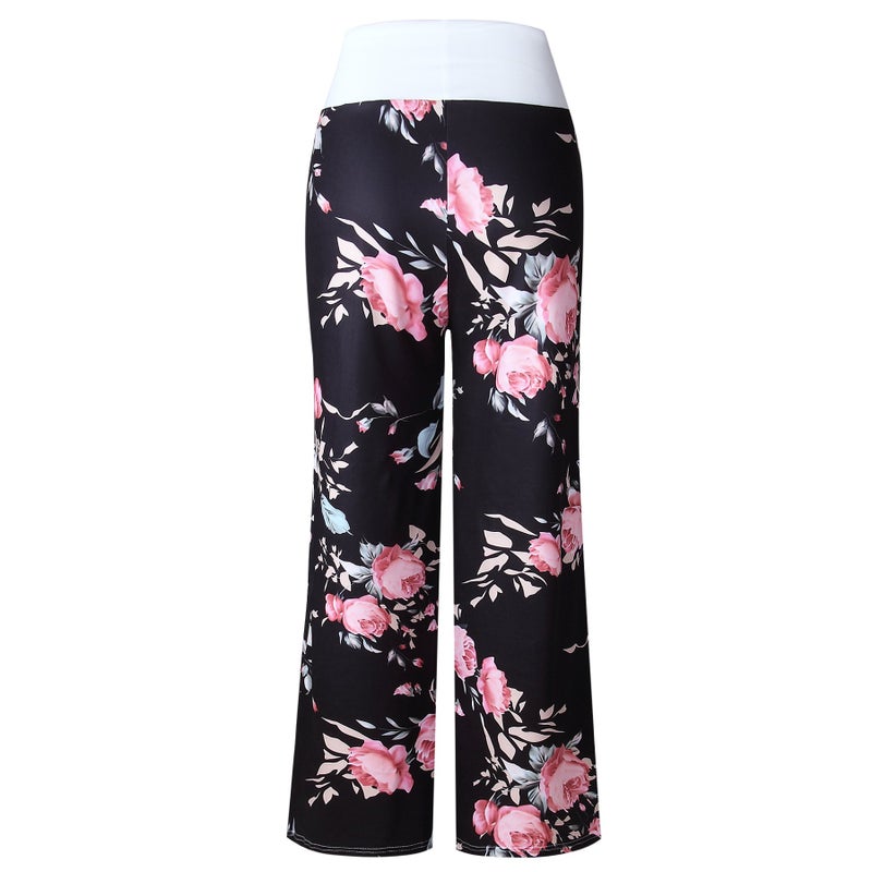 iChunhua Women's Comfy Stretch Floral Print Drawstring Palazzo Wide Leg Lounge Pants(L,Black) - Image 4