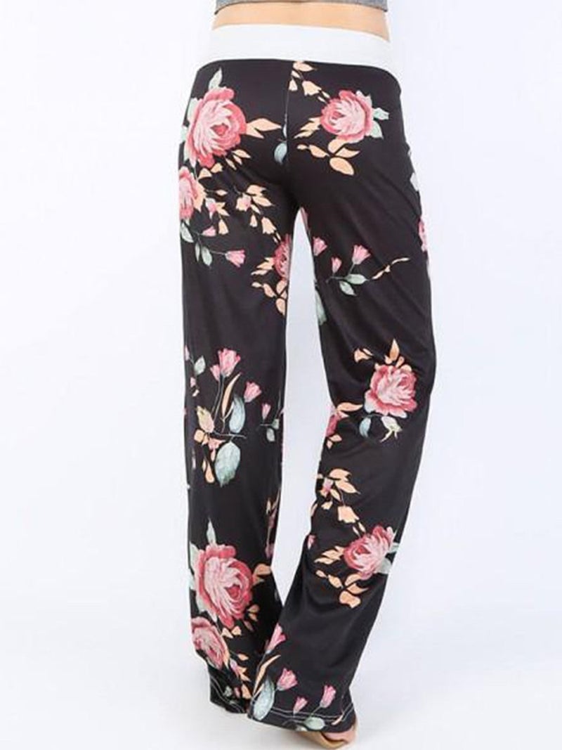iChunhua Women's Comfy Stretch Floral Print Drawstring Palazzo Wide Leg Lounge Pants(L,Black) - Image 2