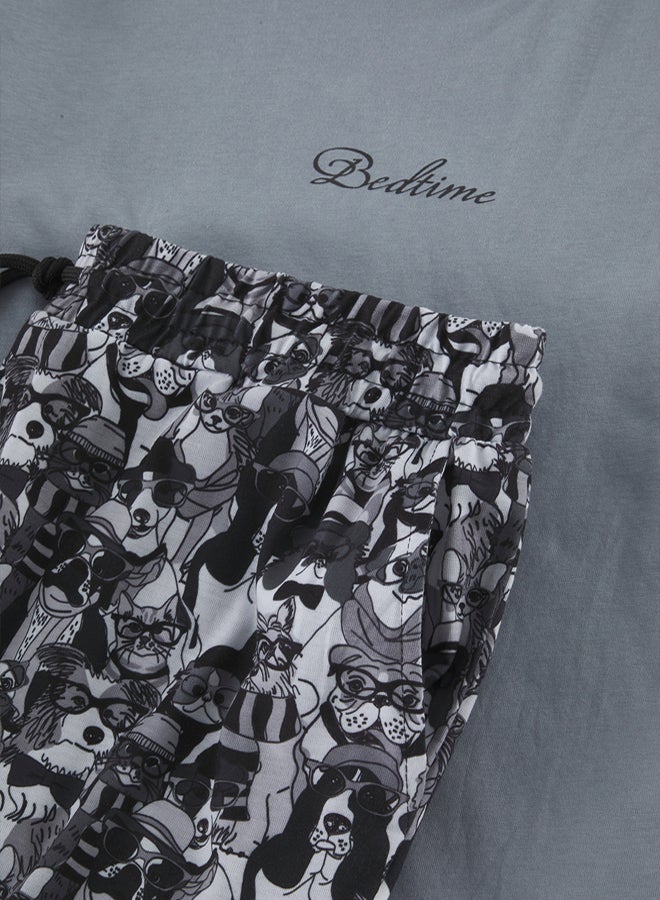 trendyol Regular Fit Dark Grey Printed Shorts Pajama Set - Image 5