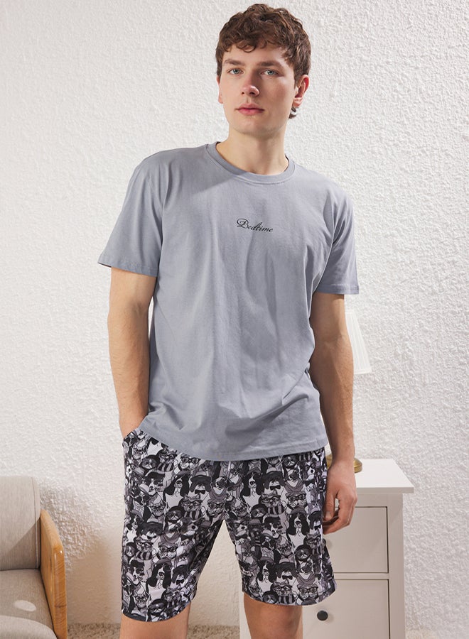 trendyol Regular Fit Dark Grey Printed Shorts Pajama Set - Image 1
