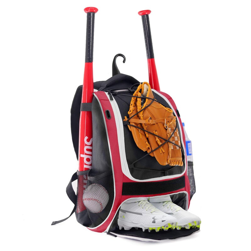 WOLT | Baseball Bat Backpack - Bag for Softball & T-Ball Equipment & Gear, Youth Girl & Adults Women, Holder for Helmet, Glove, Separate Shoes Compartment & Fence Hook (Red) - Image 1