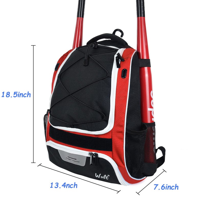 WOLT | Baseball Bat Backpack - Bag for Softball & T-Ball Equipment & Gear, Youth Girl & Adults Women, Holder for Helmet, Glove, Separate Shoes Compartment & Fence Hook (Red) - Image 2