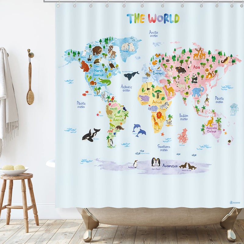 Decowall BASHOM BSC615 Animal World Map Shower Curtain Set for Kids Waterproof Washable Decorative Bathroom 71x71 180x180cm Polyester Fabric with 12 Hooks Colourful Educational Country Liner Tapestry