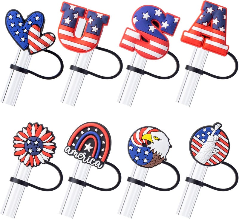 BULKITEM 8Pcs 4th of July (USA) Straw Cover Cap for Stanley Cup 40oz/30oz Tumbler, 10mm Reusable Cute Drinking Straw Topper Accessories, Portable Protector Plugs Decorations Gifts for Party Favors - Image 1