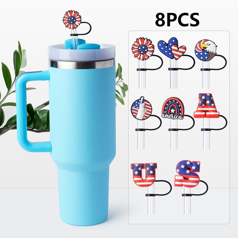 BULKITEM 8Pcs 4th of July (USA) Straw Cover Cap for Stanley Cup 40oz/30oz Tumbler, 10mm Reusable Cute Drinking Straw Topper Accessories, Portable Protector Plugs Decorations Gifts for Party Favors - Image 4