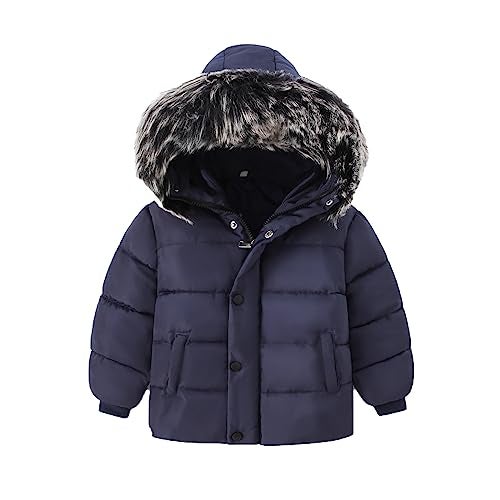 YAGATA Toddler Coat Thicken Fur Collar Hoodie Down Toddler Jacket Warm Toddler Winter Puffer Jacket Blue 1-2T 90 - Image 1