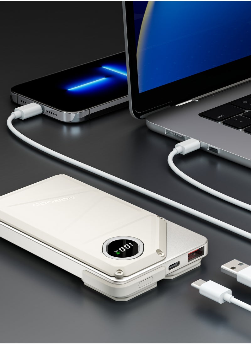 porodo - 10000mAh Power Bank Built-In Type-C & Lightning Cable Power Delivery 22.5W / USB A and Type-C Port with Digital Display - White - Image 1