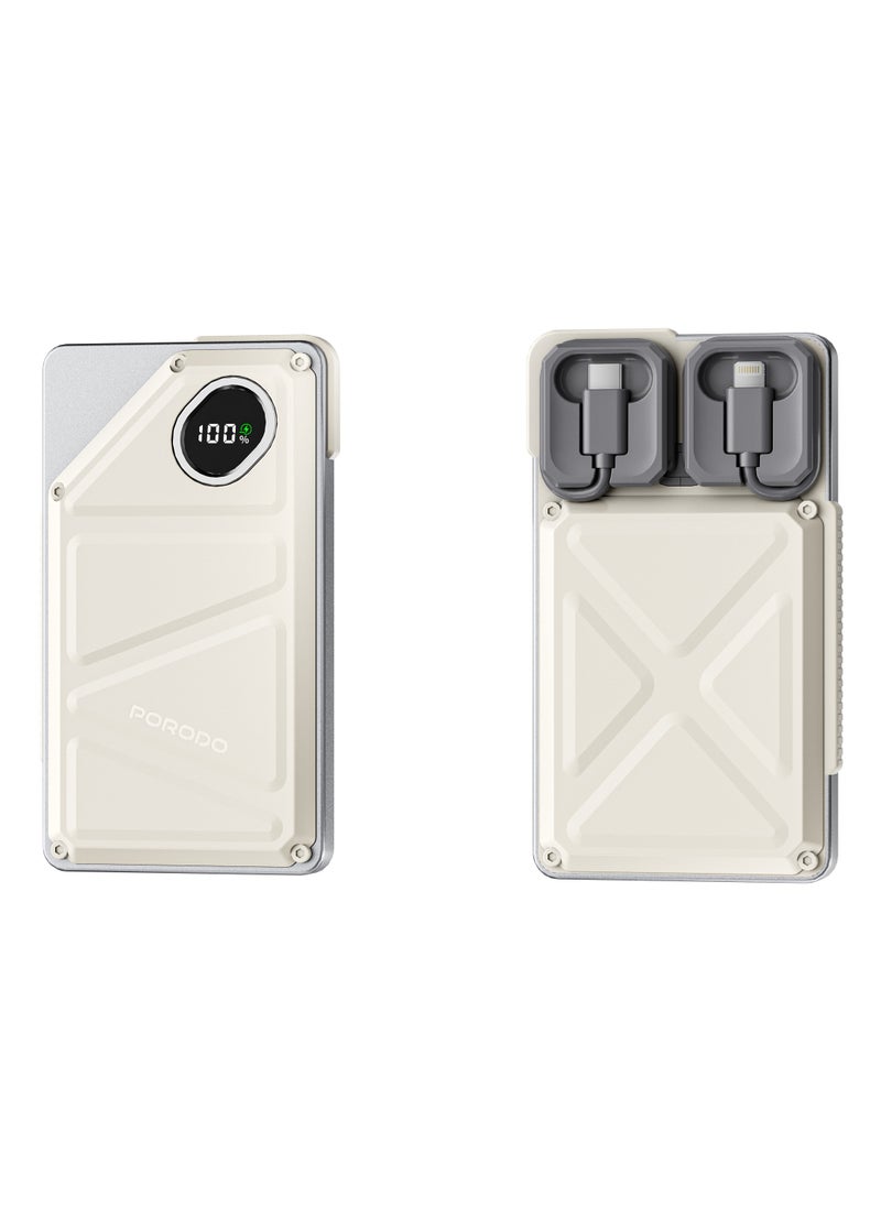 porodo - 10000mAh Power Bank Built-In Type-C & Lightning Cable Power Delivery 22.5W / USB A and Type-C Port with Digital Display - White - Image 1
