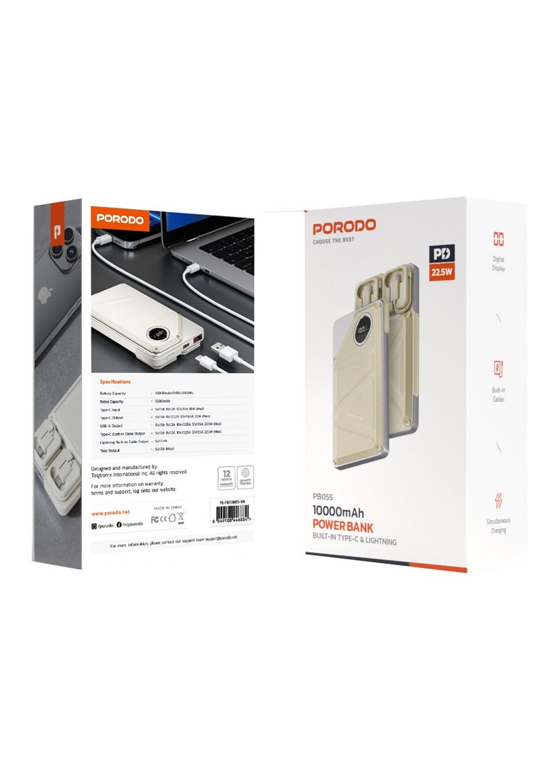 porodo - 10000mAh Power Bank Built-In Type-C & Lightning Cable Power Delivery 22.5W / USB A and Type-C Port with Digital Display - White - Image 1