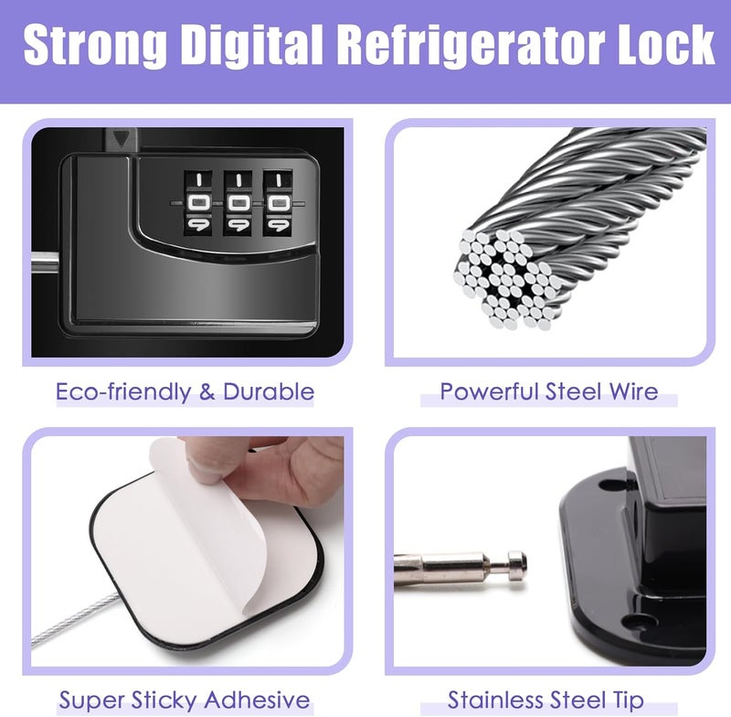 Pletpet 4PCS Fridge Lock Combination SelfAdhesive Refrigerator Locks Freezer Door for Adults with Password Black Square - Image 3