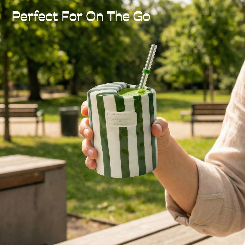 KOIMYSA Ceramic Coffee Mug with Lid, Ceramic Travel Mug with Straw Hole, 12oz Retro Striped To Go Coffee Mug for Hot & Cold Drinks, Microwave & Dishwasher Safeï¼ŒGreen - Image 4