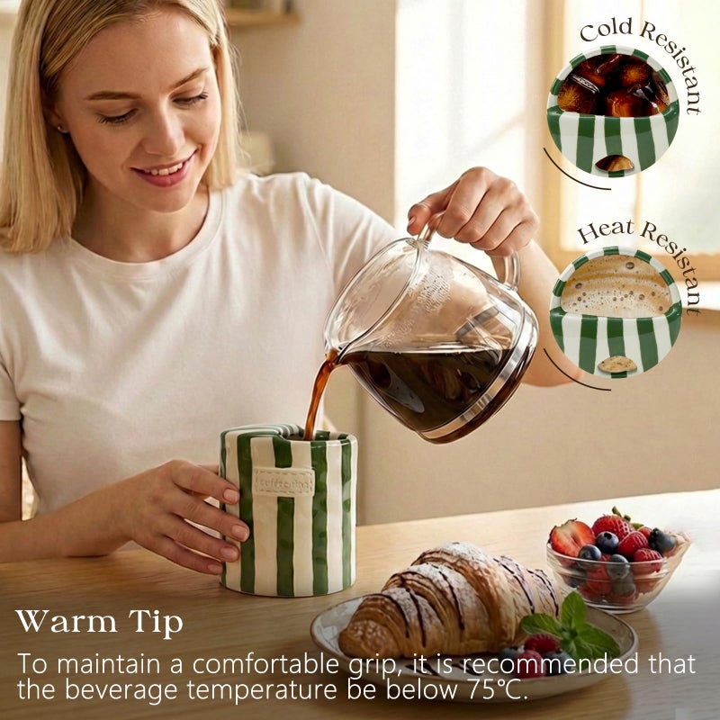 KOIMYSA Ceramic Coffee Mug with Lid, Ceramic Travel Mug with Straw Hole, 12oz Retro Striped To Go Coffee Mug for Hot & Cold Drinks, Microwave & Dishwasher Safeï¼ŒGreen - Image 2