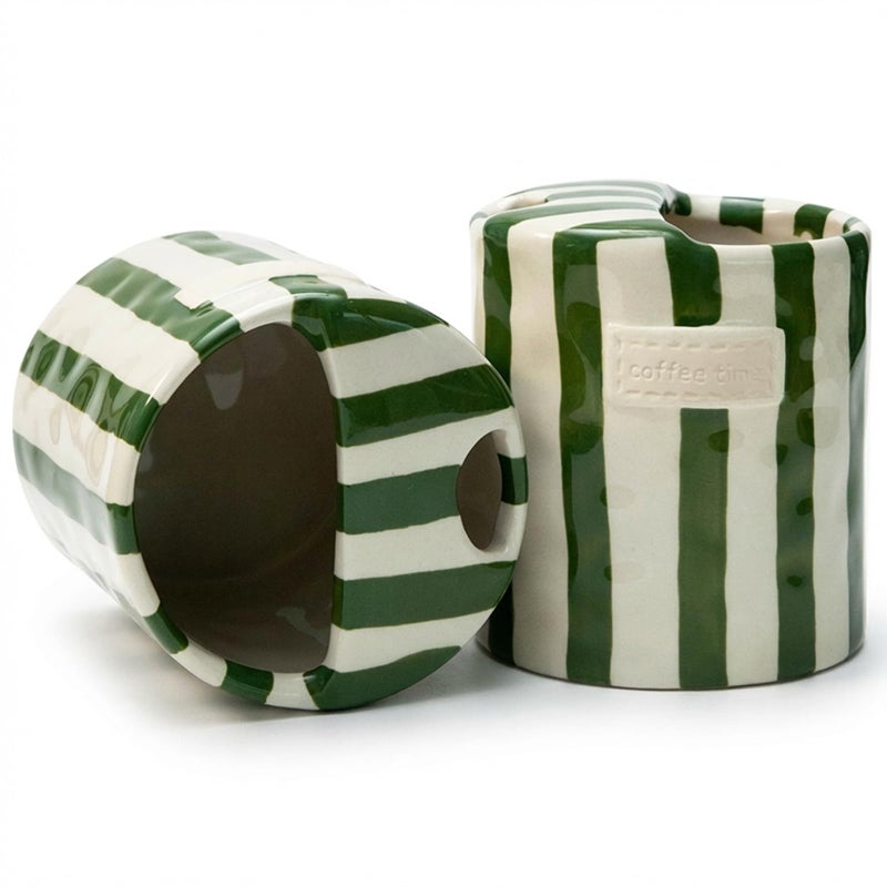 KOIMYSA Ceramic Coffee Mug with Lid, Ceramic Travel Mug with Straw Hole, 12oz Retro Striped To Go Coffee Mug for Hot & Cold Drinks, Microwave & Dishwasher Safeï¼ŒGreen - Image 1