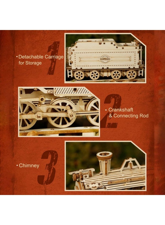 روكر لغز خشبي ثلاثي الأبعاد للبالغين نموذج سيارة ميكانيكي يمكنك صنعه بنفسك بناء مجموعات المركبات ألعاب تحفيز الدماغ هدية للرجال والنساء والأطفال في عيد الميلاد/عيد الميلاد (نموذج قطار بخاري مع عربة) - Image 3