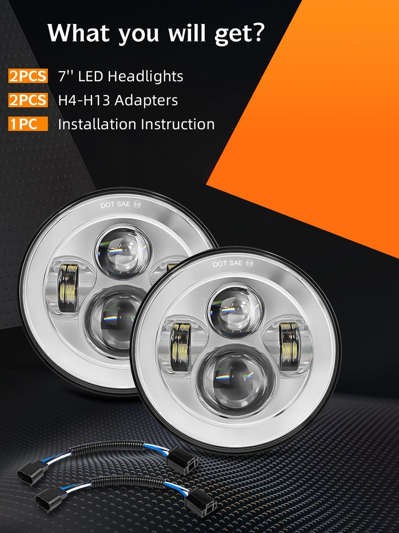 UNI-SHINE 2pcs Projector 7 Inch LED Headlight Hi/Lo Beam Chrome 7â€™â€™ Round H6024 LED Headlight Compatible with Jeep Wrangler JK CJ TJ fit for Miata, for Chevy SC2 - Image 2