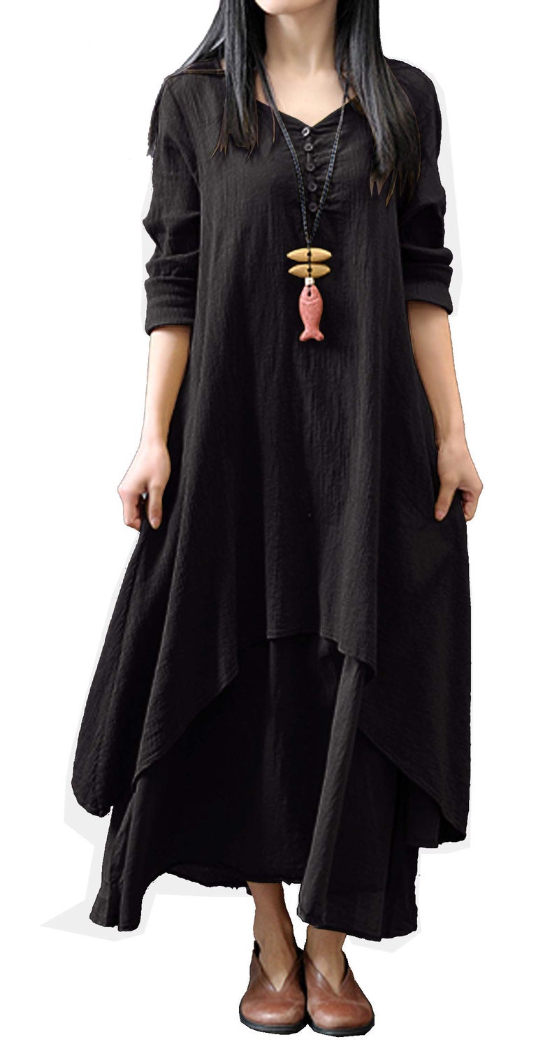 R.Vivimos Women Long Sleeve Cotton Casual Loose Plus Size Irregular Long Dresses (Medium, Black) - Image 1