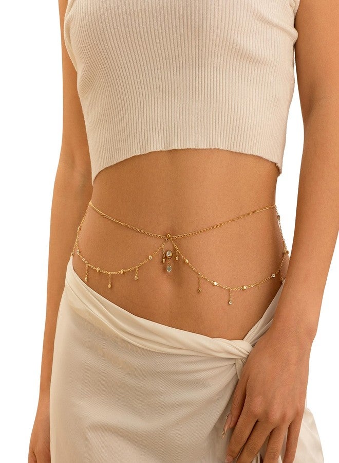 WFik Sexy Multi-layered Rhinestone Waist Chain With Dangle Belly Ring - Summer Beach Crystal Beads Button Navel Piercing Jewelry for Women Bikini Rave Body Chain (Gold) - Image 2