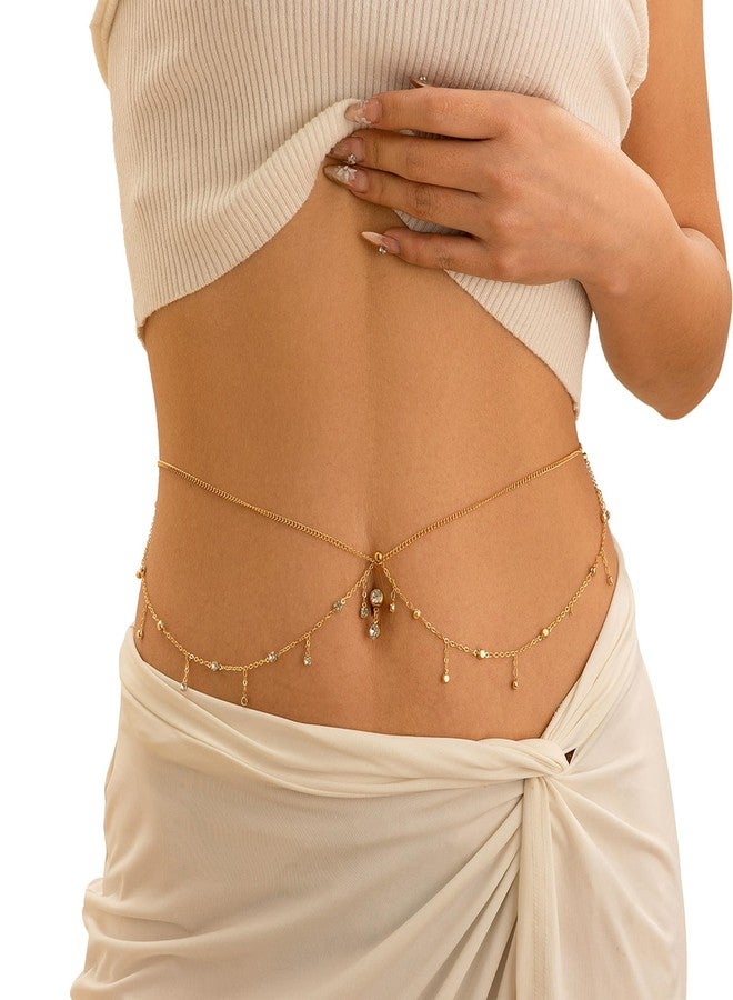 WFik Sexy Multi-layered Rhinestone Waist Chain With Dangle Belly Ring - Summer Beach Crystal Beads Button Navel Piercing Jewelry for Women Bikini Rave Body Chain (Gold) - Image 5