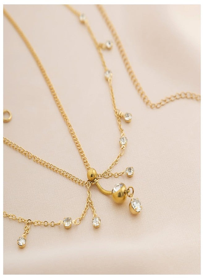 WFik Sexy Multi-layered Rhinestone Waist Chain With Dangle Belly Ring - Summer Beach Crystal Beads Button Navel Piercing Jewelry for Women Bikini Rave Body Chain (Gold) - Image 4