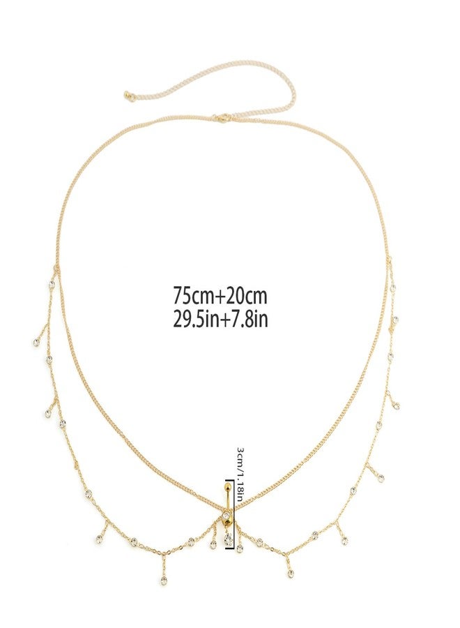WFik Sexy Multi-layered Rhinestone Waist Chain With Dangle Belly Ring - Summer Beach Crystal Beads Button Navel Piercing Jewelry for Women Bikini Rave Body Chain (Gold) - Image 3