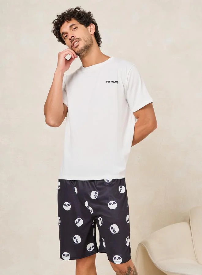 Styli Panda Print Crew Neck T-Shirt & Shorts Set