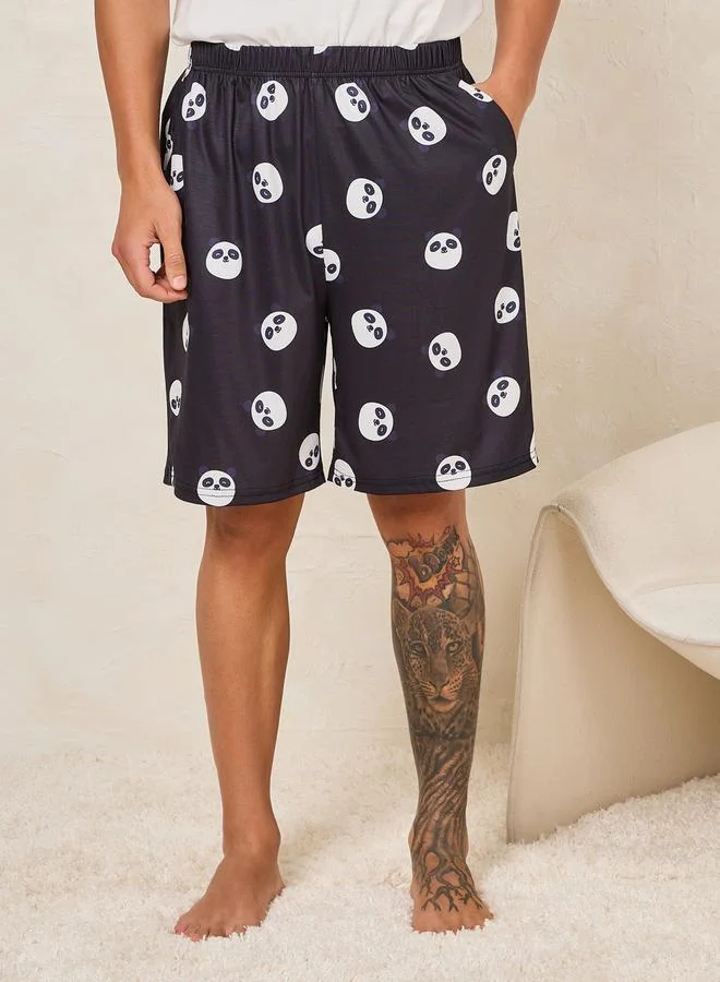 Styli Panda Print Crew Neck T-Shirt & Shorts Set