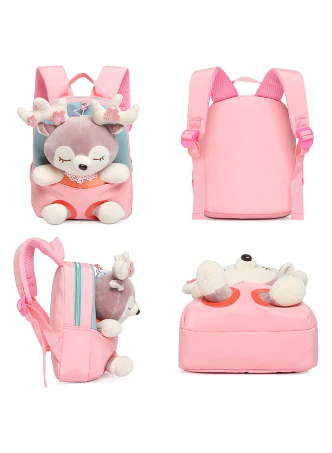 SHABILI Girls Nylon Large Capacity Multi Pocket Cute Backpack College School Bag, Students Cartoon Back Bag Lightweight Rucksack for Teenager Youth with Plush Deer Doll Comfort Straps Commute Ready (Pink) - Image 5