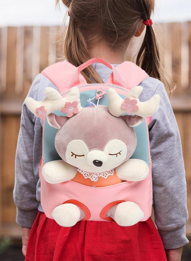 SHABILI Girls Nylon Large Capacity Multi Pocket Cute Backpack College School Bag, Students Cartoon Back Bag Lightweight Rucksack for Teenager Youth with Plush Deer Doll Comfort Straps Commute Ready (Pink) - Image 2