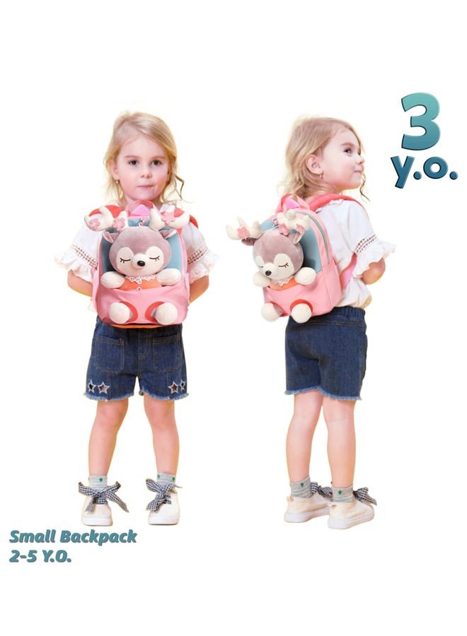 SHABILI Girls Nylon Large Capacity Multi Pocket Cute Backpack College School Bag, Students Cartoon Back Bag Lightweight Rucksack for Teenager Youth with Plush Deer Doll Comfort Straps Commute Ready (Pink) - Image 3