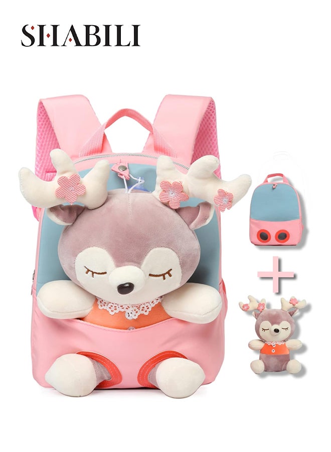 SHABILI Girls Nylon Large Capacity Multi Pocket Cute Backpack College School Bag, Students Cartoon Back Bag Lightweight Rucksack for Teenager Youth with Plush Deer Doll Comfort Straps Commute Ready (Pink) - Image 1