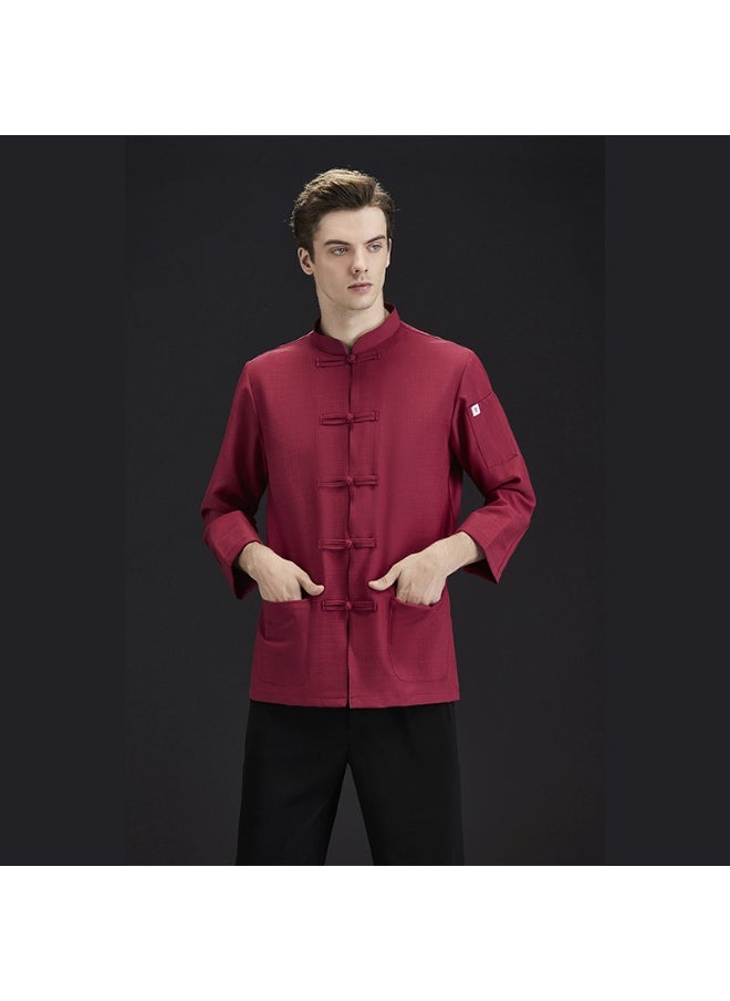 NIBEMINENT Chef Uniform Autumn and Winter Long-Sleeved Chinese Knot Button Cotton and Linen Men's Hotel Restaurant Kitchen Chinese Res  - Image 1