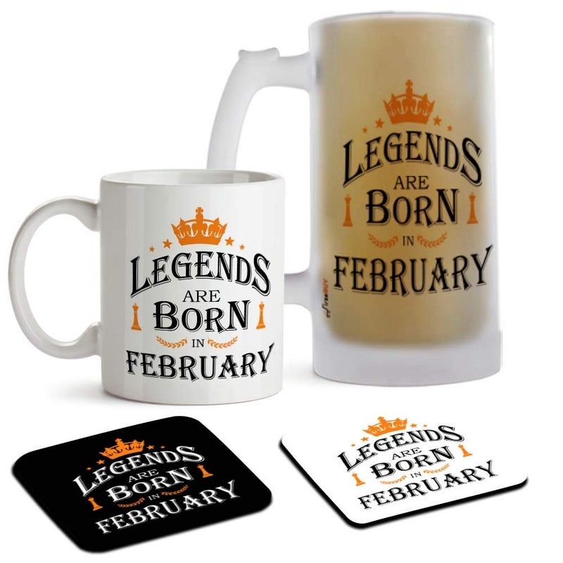 FirseBUY Combo Gift Set for Men Legends are Born in February Printed Glass Beer Mug 16 Oz Ceramic Cup 11 Ounce and 2 MDF Coasters Best Birthday Gifts - Image 1