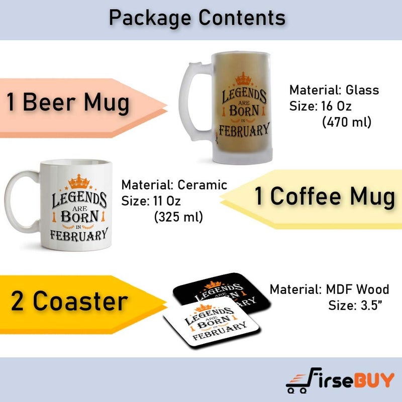 FirseBUY Combo Gift Set for Men Legends are Born in February Printed Glass Beer Mug 16 Oz Ceramic Cup 11 Ounce and 2 MDF Coasters Best Birthday Gifts - Image 4