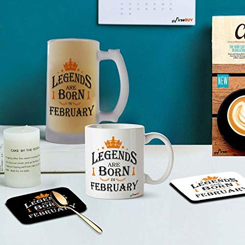 FirseBUY Combo Gift Set for Men Legends are Born in February Printed Glass Beer Mug 16 Oz Ceramic Cup 11 Ounce and 2 MDF Coasters Best Birthday Gifts - Image 2