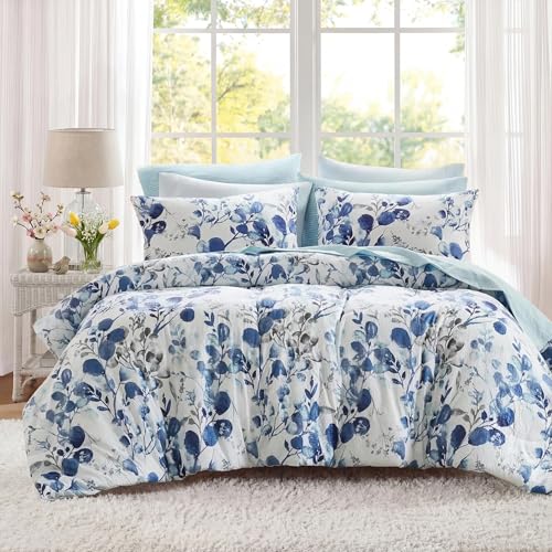 Regency Heights Lightweight Seersucker Botanical Comforter Set King Size, 9 Pieces Reversible Design Bed in A Bag Set, Premium Microfiber Bedding Set, Blue - Image 2
