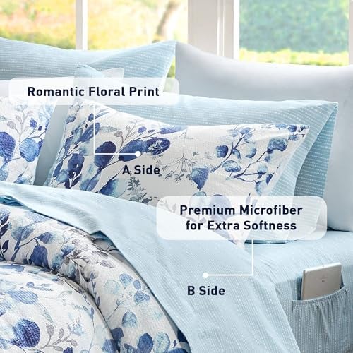 Regency Heights Lightweight Seersucker Botanical Comforter Set King Size, 9 Pieces Reversible Design Bed in A Bag Set, Premium Microfiber Bedding Set, Blue - Image 4