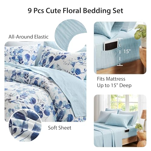 Regency Heights Lightweight Seersucker Botanical Comforter Set King Size, 9 Pieces Reversible Design Bed in A Bag Set, Premium Microfiber Bedding Set, Blue - Image 5