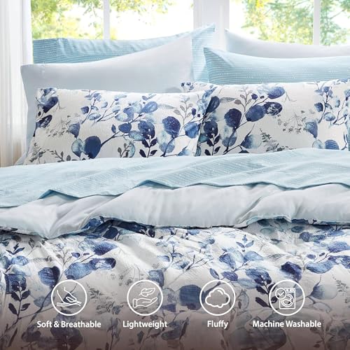 Regency Heights Lightweight Seersucker Botanical Comforter Set King Size, 9 Pieces Reversible Design Bed in A Bag Set, Premium Microfiber Bedding Set, Blue - Image 3