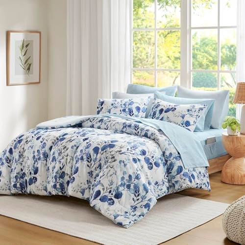 Regency Heights Lightweight Seersucker Botanical Comforter Set King Size, 9 Pieces Reversible Design Bed in A Bag Set, Premium Microfiber Bedding Set, Blue - Image 1