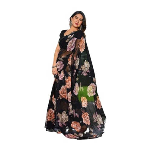 Shiv Textiles Women's Georgette Floral Printed & Mirror Work Saree(VND-609-ORANGE) - Image 1