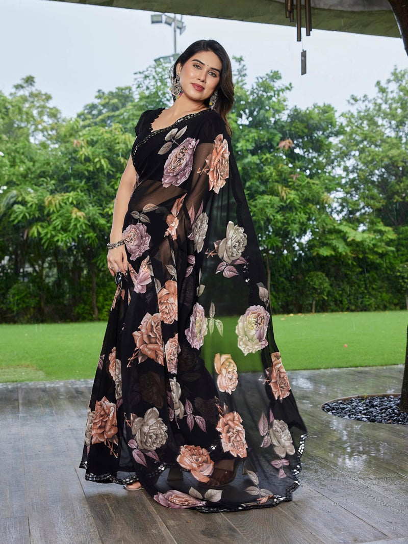 Shiv Textiles Women's Georgette Floral Printed & Mirror Work Saree(VND-609-ORANGE) - Image 2