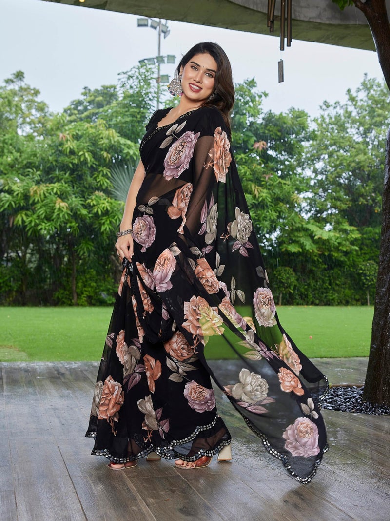 Shiv Textiles Women's Georgette Floral Printed & Mirror Work Saree(VND-609-ORANGE) - Image 4