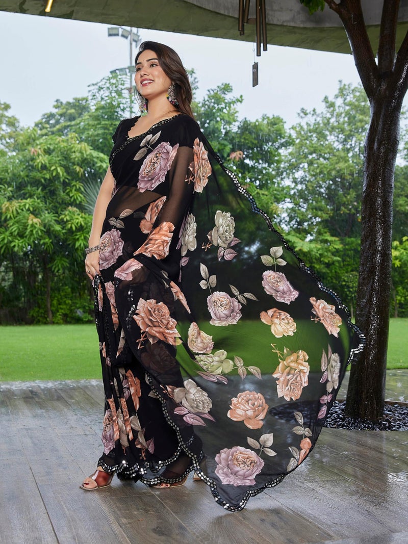 Shiv Textiles Women's Georgette Floral Printed & Mirror Work Saree(VND-609-ORANGE) - Image 3