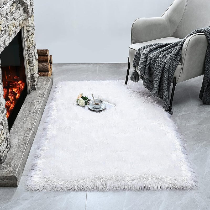 Cheet enterprise Soft Faux Fur Fluffy Area Rug for Bedroom Living Room Shaggy Silky Plush Carpet Bedside Rug Floor Mat Luxury Fuzzy Sheepskin Carpet Rug 2ft x 3ft White Rectangle - Image 5