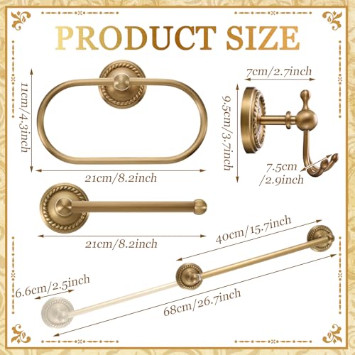 Otoolling 4 Pcs Antique Brass Gold Bathroom Accessories Set WallMounted Towel Rack Towel Ring Toilet Paper Holder Robe Hook Wall Mounted Brass Vintage Bath Hardware Fixture SetStyle 1 - Image 3