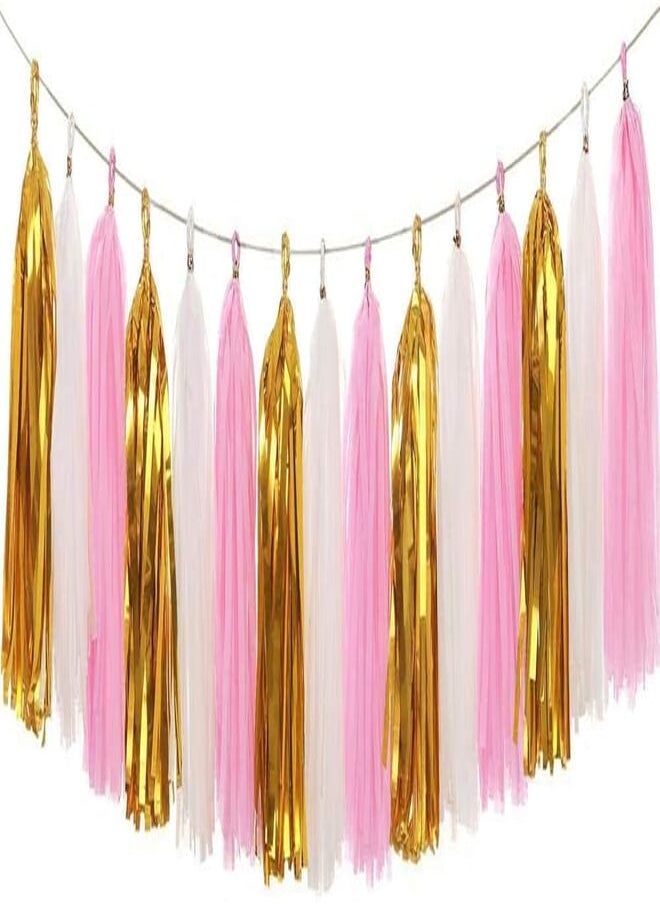 Tamona Pink White Gold Paper Tassel Garland For Birthday Decorations, baby shower Balloon Tassel Tail 