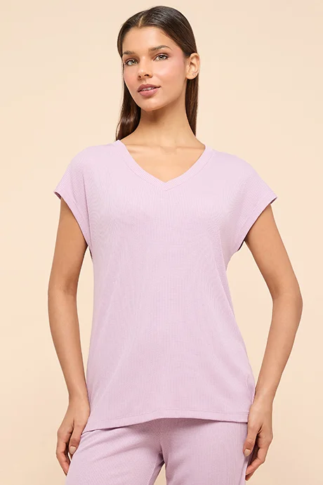R&B Ribbed Sleep Top With V-Neck and Short Sleeves